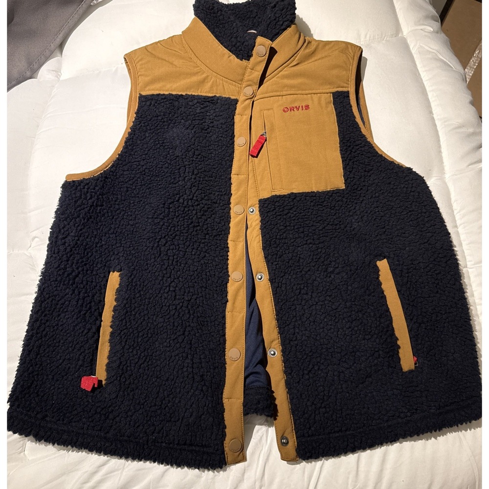 Orvis Mens XL Sherpa Fleece Vest Navy Blue Mustard Yellow Ripstop Snap Front